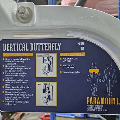 Paramount Vertical Butterfly Model 900 - Pectoral Fly, Pec Fly, Made in USA, Farbe Weiß, Polster Blau, gebraucht - geprüfter Zustand