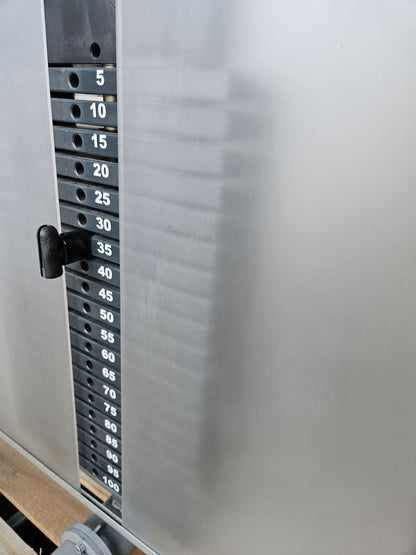 Proxowell bzw Proxomed Rückenflexion, Bauchmaschine, Rückenbeuger, Abdominal Crunch, 100kg Gewichtsblock, Compass bzw C-Well Serie, Rahmenfarbe Silber, gebraucht - überholter Zustand