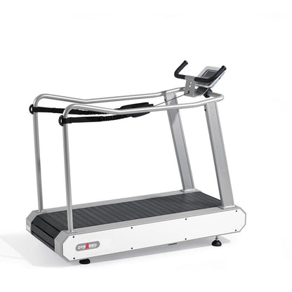 Laufband mit Handläufen, Marke DynaMed, seitliche Ansicht.