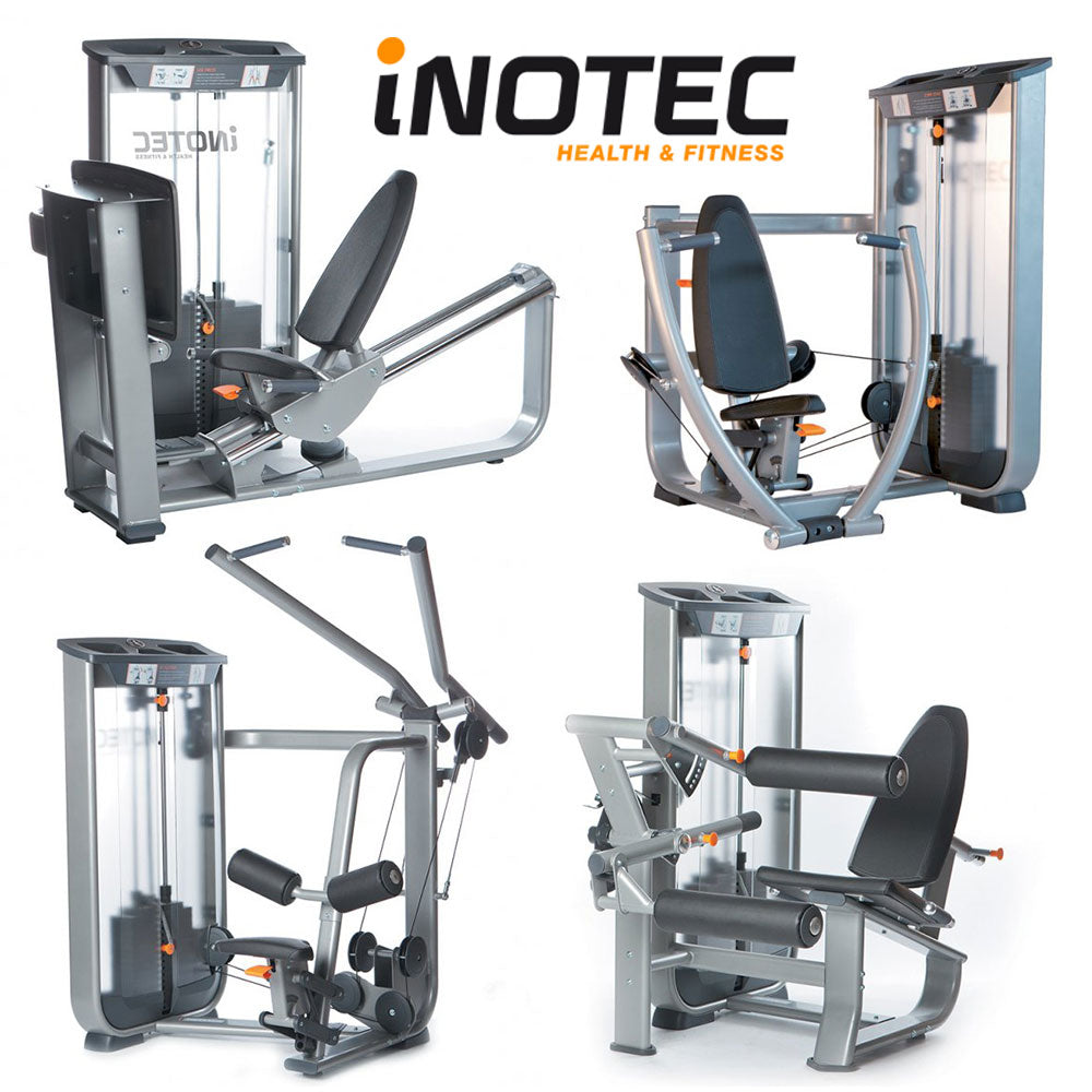 Inotec Kraftgeräteset mit 28 Fitnessgeräten, 18 Kraftgeräte, 10 Bänke und Racks, Natural Line, Silber, Polster Schwarz, gebraucht, überholter Zustand