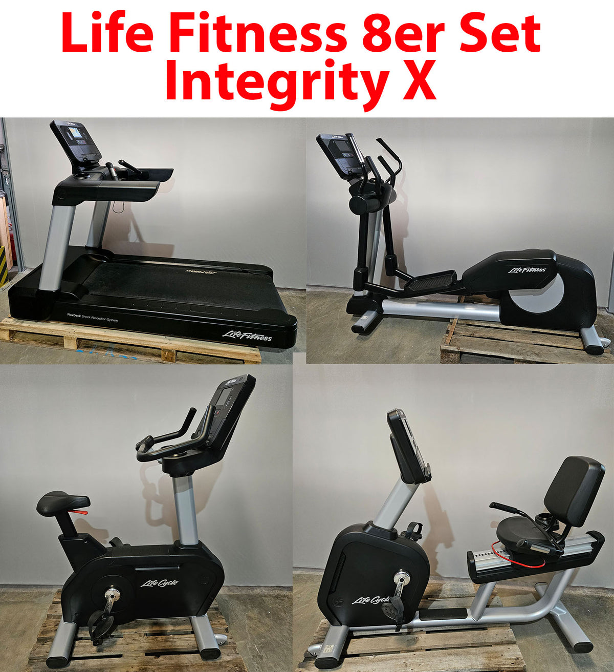 Cardio equipment set 8 pieces from Life Fitness, Integrity X, new models, 2 treadmills, 2 cross trainers, 2 ergometers and 2 recumbents etc., used - refurbished condition