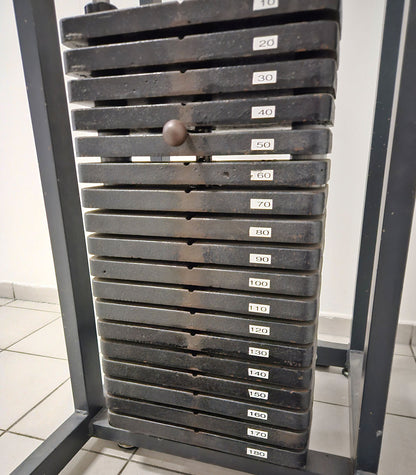 Wadenmaschine stehend, 180kg Steckgewichte + Aufnahme für Hantelscheiben, Oldschool Bodybuilding Kraftgerät, gebraucht mit Gebrauchsspuren